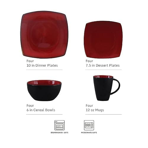 Gibson Elite Soho Lounge Square 16-Piece Dinnerware Set, Service for 4, Reactive Glaze Stoneware Plates and Bowls, Modern Dishes, Microwave & Dishwasher Safe – Red and Black thumbnail 3