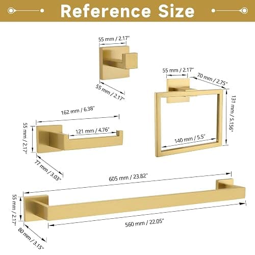 Brushed Gold 5 Pieces Bathroom Hardware Accessories Set Towel Bar Set Towel Holder Racks Set for Bathroom,SUS304 Stainless Steel,Wall Mounted 23.6-Inch thumbnail 3