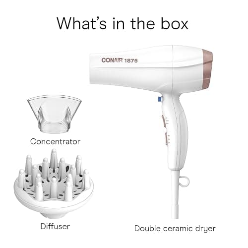Conair Double Ceramic Hair Dryer with Diffuser | Blow Dryer with Ionic Conditioning | Includes Diffuser and Concentrator | Amazon Exclusive, White thumbnail 10