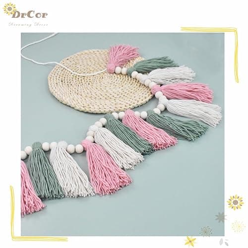 DrCor Pastel Tassel Garland – Pink & Sage Green Boho Spring Garland for Nursery, Classroom Decor, Baby Shower, Kids Room, Birthday Party, Dorm & Home Wall Hanging thumbnail 2