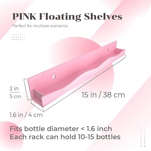 6 Pack Nail Polish Wall Mounted Shelf,15 Inch Nail Polish Floating Shelves for 66-90 Bottles Multi-Purpose,Ideal Gift, Great Display for Salons Retailers,Pink thumbnail 4