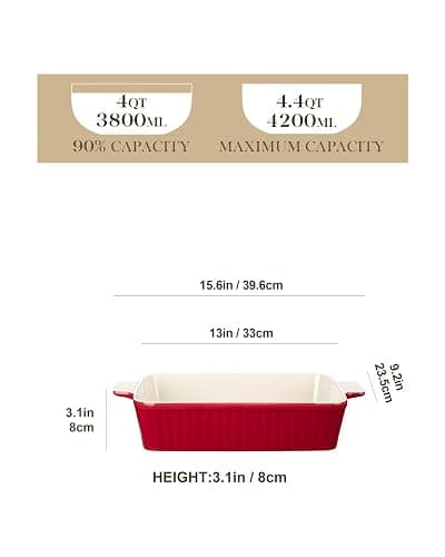 MALACASA 4.4 QT Baking Dish, 9x13 Large Casserole Dish for Oven, Ceramic Baking Pan, Rectangular Lasagna Pan Deep with Handles for Baking, Durable Microwave Oven Safe, Red, Series BAKE-BAKE thumbnail 3