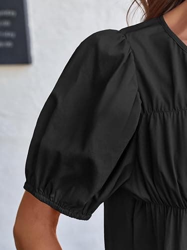 Tankaneo Womens Puff Sleeve Peplum Babydoll Tops Summer Smoked Pleated Cotton T-Shirts Casual Loose Fit Flowy Blouse thumbnail 2
