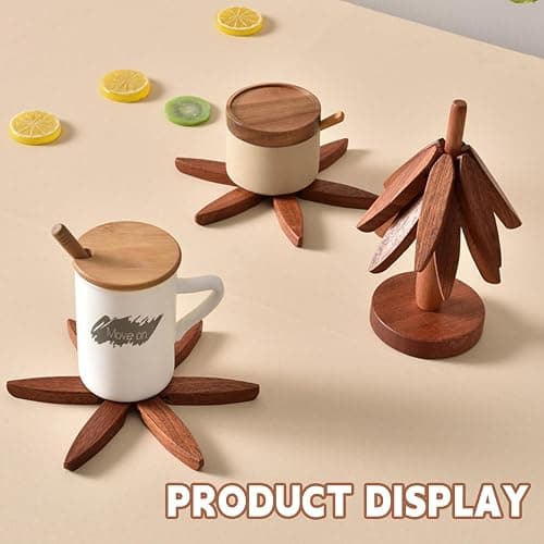 Natural Foldable Black Walnut Wooden Trivet Set - 4 Trivets + 1 Stand for Hot Dishes, Pot, Bowl, Teapot, Hot Pot Holders(Black Walnut) thumbnail 2