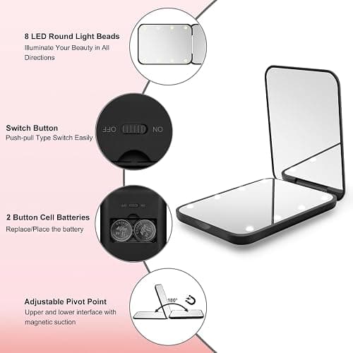 Aouplry Compact Mirror, 1X/3X Magnification LED Pocket Mirror with Nternal BIattery, Mini Mirror for Purse, Pocket,Travel and Present (Black) thumbnail 4