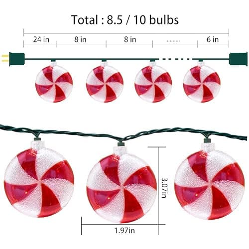 Abeja Christmas Candy String Lights, 8.5Ft Peppermints Candy Lights with 10 Red White Incandescent Bulb, Novelty Christmas Lights for Home Patio Porch Tree Holiday Wedding Party Decoration thumbnail 2