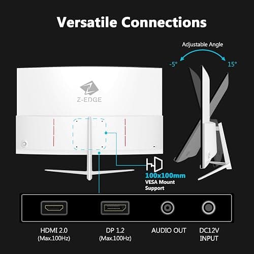Z-Edge 27 Inch Curved Monitor 100Hz Full HD Office Monitor 1080P VA Panel 1500R, 99% sRGB, 250 cd/m², HDR10, FreeSync, Ultra-Thin Bezel, HDMI & DisplayPort, VESA Mountable, White thumbnail 4