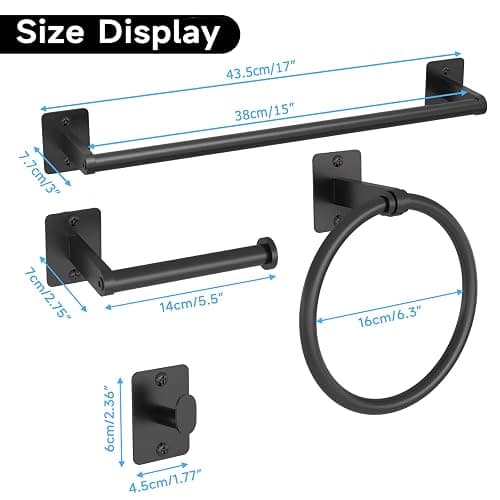 KLJKPA Black Bathroom Accessories Set, 4-Piece Bathroom Hardware Set | 16 inch Towel Bar, Towel Racks for Bathroom, Robe Towel Hooks, Toilet Paper Holder Wall Mounted thumbnail 7