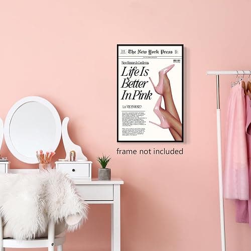 Retro Newspapaer Canvas Wall Art, Funny Life Is Better In Pink Quote Poster, Funky Pink High Heel Picture Girls Bedroom Wall Decor, Trendy News Headline Girly Dorm Apartment Art 12x16in Unframed thumbnail 2
