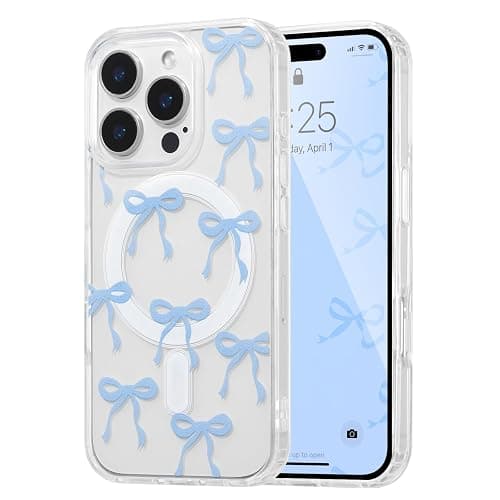 UEEBAI Magnetic for iPhone 16 Pro Max Case, Bow Case Compatible with MagSafe, Wireless Slim Clear Ribbon Aesthetic Phone Cover Anti-Yellowing Shockproof Protective Cover for Women Girl - Baby Blue - Image 1