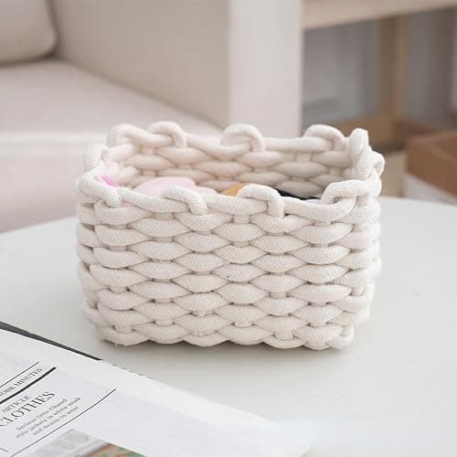 2er Set Aufbewahrungskorb Geflochten Baumwolle Strickkorb, Korb Aufbewahrung Klein Körbchen Wickeltisch Organizer, Dekorative Quadratische Speicher Regalkörbe Für Schminke Socken Spielzeug (Weiß) thumbnail 2