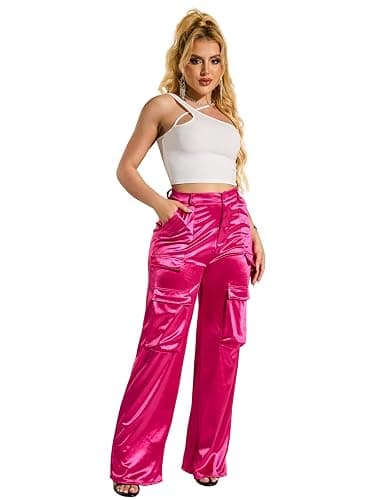 XNMHL Womens High Waisted Satin Cargo Pants Loose Fit Wide Leg Trousers with Pockets Trendy Outfit - Image 1