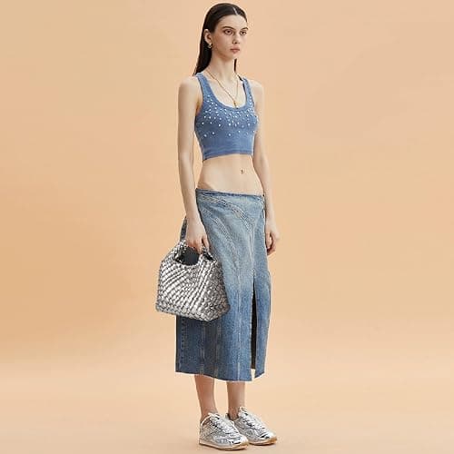 OUYGZOU Woven Tote Bag for Women with Coin Purse, Foldable Chain Small Crossbody Handbags, Fashion Shoulder Bag, Hobo Satchel thumbnail 6