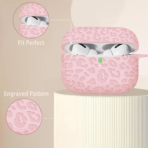 Case Compatible with AirPods Pro 3 Generation 2025 Cover with Keychain, Gawnock Engraved Leopard Skin Soft Cover for AirPods Pro 3 Case Full Protection,Front LED Visible, Pink thumbnail 3