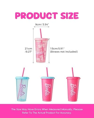 MINISO Barbie 16oz Iced Coffee Cups with Lids & Straws Set of 4 Reusable Plastic Tumblers BPA Free Cup for Cold Drinks, Milkshake, Smoothie, Juice, Water, Travel and Party Favors gift thumbnail 3