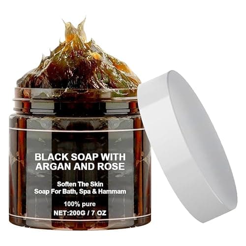 Jabón Negro Marruecos con Argán y Rosa,Exfoliante Corpora,Jabón Negro Marroquí Natural de Marruecos,Suavizante Piel Peeling Corpora,200g,Incluye Guante de Ducha - Image 1