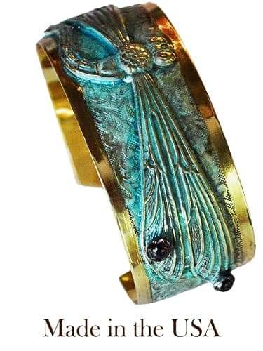 Verdigris Patina Solid Brass Decorative Dragonfly Cuff - Genuine Garnet thumbnail 7