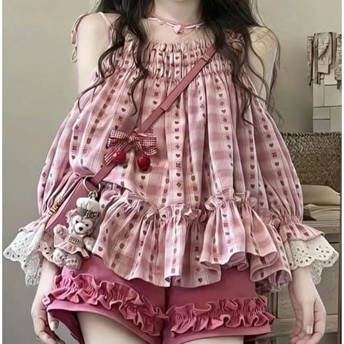 OATSBAS Women's Y2K Kawaii 2 Piece Outfit, Pink Polka Dot Camisole Dress & Red Shorts Mix and Match Set thumbnail 4