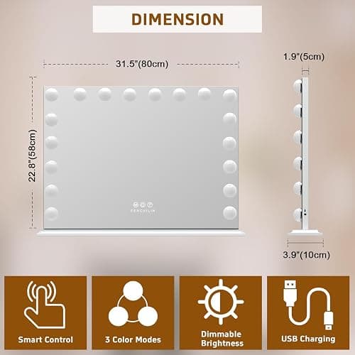 FENCHILIN Miroir Maquillage avec 18 Ampoules LED Miroir Coiffeuse Lumineux avec Port USB Grand mirroir maquilleur Lumineux avec 3 Modes déclairage Miroir Hollywood Coiffeuse Blanc 80x60 cm thumbnail 2