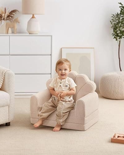 Blissful Diary Kids Couch, 2-in-1 Soft Toddler Couch Fold Out, Toddler Chair Comfy, Convertible Sofa to Lounger, Kids Furniture for Playroom, Gift for Birthday, Children's Day, Beige Shell thumbnail 7