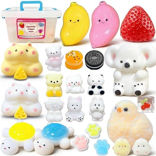 SUISUILE 24 Pack Squishy Toys Kit, Ultra-Soft Squishies with Keychain & Storage Box, Sticky Squishy Sensory Squeeze Toys, Include Hamster, Strawberry, Chick Squishies for Stress Relief Party Favors - Image 1