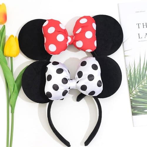 Jeffan Mouse Ear Headband with 3D Cotton Bow, Polka Dot Bow Mouse Party Costume Accessories for Women Girls (Black) thumbnail 3