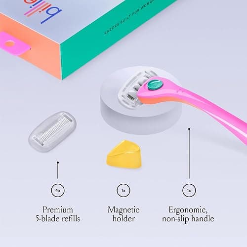 Billie Razors for Women, Malibu - 1 Handle, 4 Refills & Magnetic Holder | 5 blade womens razors for sensitive skin, Surrounded by aloe shave soap, Ergonomic handle, Pivoting head, Magnetic Holder thumbnail 3