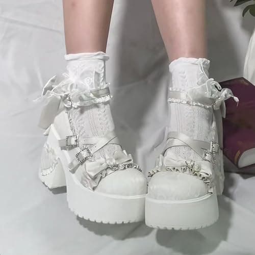 Kawaii Mary Jane Heels for Women Cute Lolita Shoes Chunky Platform Round Toe Bow Cross Strap Lace Buckle Comfy Party Cosplay Shoes thumbnail 6