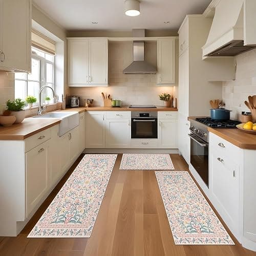 XSCQ 3PCS Vintage Pink Floral Kitchen Rugs Washable,Cushioned Rug Anti-Fatigue Mats for Kitchen Decor Accessories,Waterproof Non-Slip Mats and Rugs Set for Office,Floor,Laundry 20x32+20x47+20x59 Inch thumbnail 5