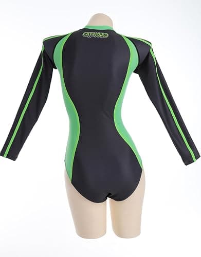 Micotaku Miraculous Cat Noir Black Green Long Sleeve Women's One-Piece Swimsuit thumbnail 3
