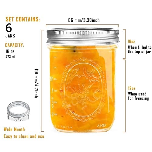 Miuyhji Wide Mouth Mason Jars 16 oz with Lids [6 Pack], Canning Jars with Metal Airtight Lids and Bands, 16 oz Glass Jars for Fermenting, Pickling, Freezing, Preserving, Meal Prep, Jar Décor thumbnail 3