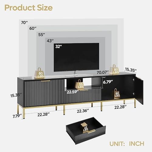 Bestier 70” Fluted TV Stand with LED Lights, Black TV Stand for TVs Up to 80", Modern Entertainment Center with Storage, TV Console, Media Console for Living Room Bedroom thumbnail 2