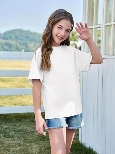 Haloumoning Girls Short Sleeve T Shirts Kids Summer Oversized Tops Casual Crewneck Basic Tees 5-14Y thumbnail 4