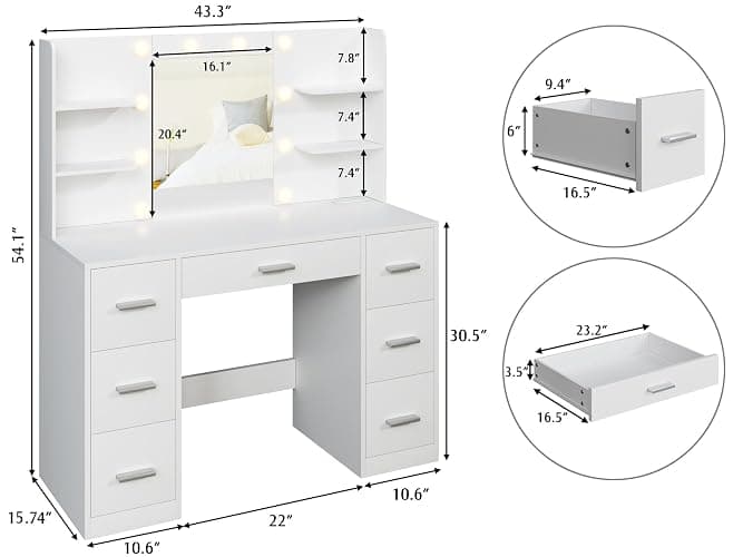 YESHOMY Vanity Desk with Mirror, Power Outlet and 10 Lights, Makeup Table with 7 Drawers, 3 Color Modes Available for Bedroom, White thumbnail 2
