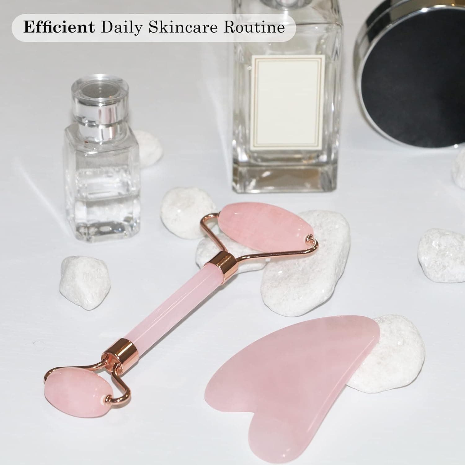 LGLAU Jade Roller and Gua Sha Stone Massage Tool Set, Natural Rose Quartz Jade Face Roller Stone for Skin Care Anti Aging, De-Puffing, Detoxifying, Brightening, and Refreshes Skin Tool (Pink) thumbnail 5