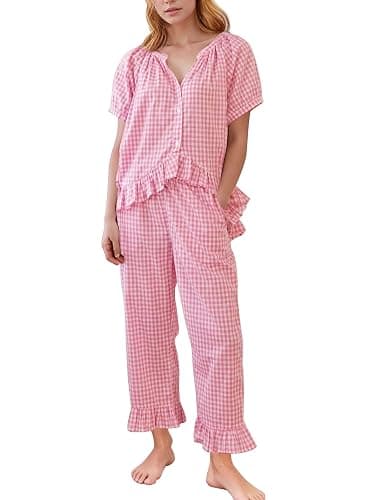Flygo Womens Plaid 2 Piece Pajamas Sets Gingham Button Down Puff Sleeve Babydoll Shirt Ruffle Pants Y2K Pjs Lounge Set - Image 1