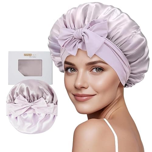 ZIMASILK 100% Mulberry Silk Bonnet for Sleeping Women Long Hair Double Layer Silk Hair Wrap with Tie Band Stay On Head (1Pc, Purple) - Image 1