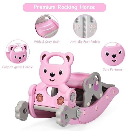 Costzon 5 in 1 Toddler Slide Rocking Toy, Slide for Kids with Detachable Stool, Basketball Hoop and Ring Game, Foldable Climber Playground Slide for Both Indoors Outdoor Use (Pink Bear) thumbnail 7