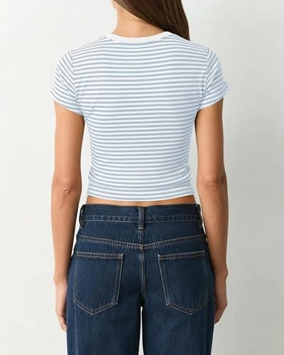 BAIGRAM Women Preppy Striped Short Sleeve Crop Tshirt Tops Y2K Aesthetic Crewneck Slim Fit Baby Tee Summer Minimalist Outfits thumbnail 4