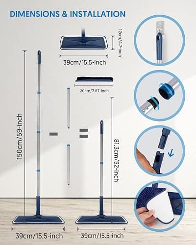 BPAWA Microfiber Mops for Floor Cleaning: Flat Mop for Wood Laminate Tile | 4 Washable Chenille Pads fit for Swiffer PowerMop, 59" Adjustable Handle, Dry Wet Mopping Home Hardwood Vinyl Multi-surfaces thumbnail 2