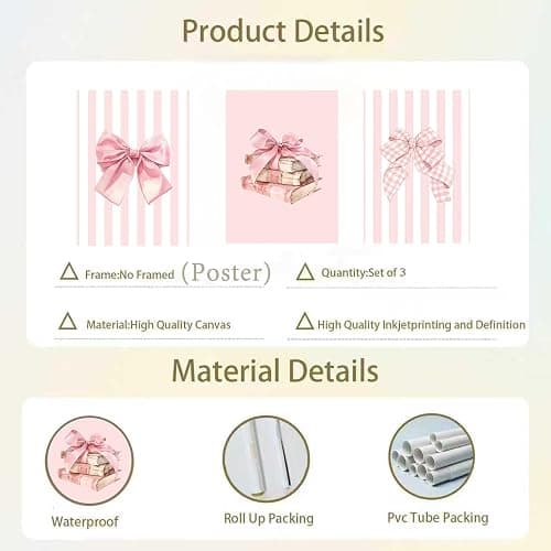 3pcs Pink Bow Canvas Wall Art Coquette Academic Style Girl Reading Poster Print Fashion Pink Book Poster Picture Painting Girl's Room College Dorm Bedroom Living Room Library Aesthetic Design Wall Decor（12×18in Unframed） thumbnail 3