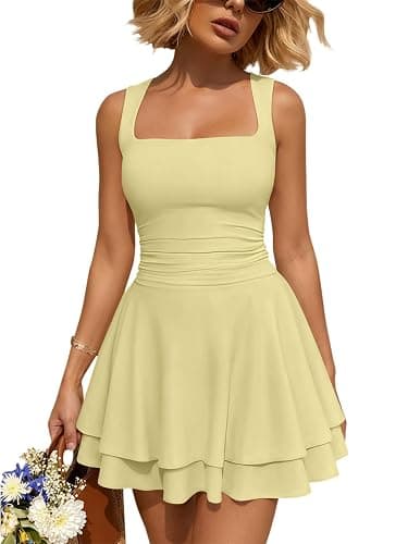 Trendy Queen Women's Square Neck Summer Party Flowy Ruffle Hem Ruched Waist Mini Dress - Image 1