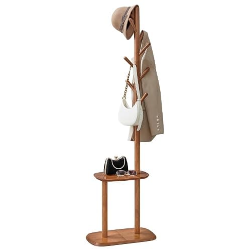 VASAGLE Coat Rack, Free Standing Coat Stand, Hall Coat Tree with 8 Hooks and Storage Shelf, 67.2 Inch Tall, for Coats, Hats, Bags, for Entryway, Hallway, Bedroom, Caramel Brown URCR040K01 - Image 1