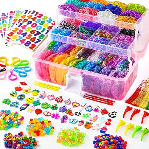 INSCRAFT 17500+ Rubber Loom Bands with 3 Layer Pink Container, 28 Colors, 600 S-Clips, 352 Beads, 40 Cartoon Pendant, Bracelet Making Refill Kit for Kids - Image 1