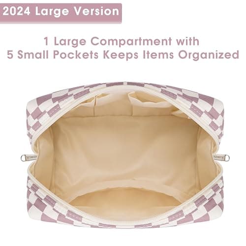 Narwey Checkered Makeup Bag Pink Travel Cosmetic Bag Organizer Toiletry Bag Make Up Bags with Compartments for Women Girls (Large, Dusty Rose Checkerboard) thumbnail 4
