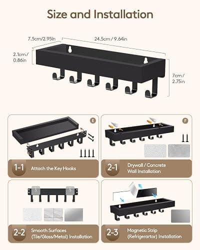 Key Holder Wall Mount Adhesive Magnetic - Hanging Key Hooks with Mail Organizer Tray for Wallet House Accessories - Keys Hanger Rack with Shelf for Camper Entryway Door Home Living Room Decor Black - Black - Medium thumbnail 3