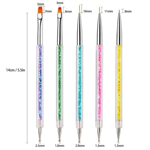 AIBEE Nail Art Brushes, 5pcs Double-Ended Acrylic Nail Brush Including 7/9/11mm Nail Liner Brush Flat Brushes and Nail Dotting Tools for Nail Art Design thumbnail 2