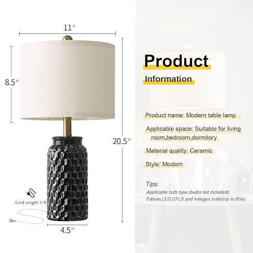 USumkky 20.5" Black Modern Ceramic Bedside Lamp Set of 2 for Bedroom Decor Farmhouse Table Lamp for Living Room Office Dorm thumbnail 5