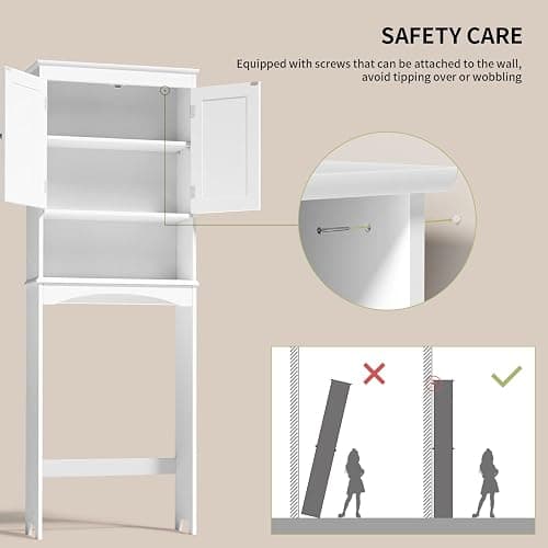 Gizoon Over The Toilet Storage Cabinet with Adjustable Shelf and Double Doors, Bathroom Space Saver Organizer Above Toilet with Open Shelf, Taller Wooden Free Standing Toilet Rack -White thumbnail 6