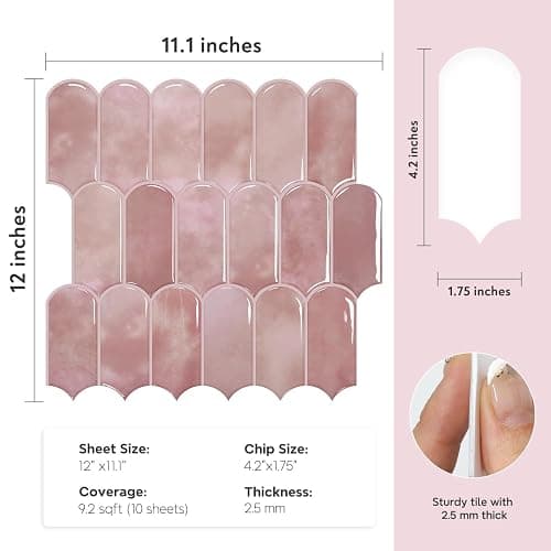 Vamos Tile 10-Sheet Backsplash Peel and Stick Tile, Pink Self Adhesive Vinyl Wall Tiles, Stick on Backsplash for Kitchen, Bathroom,RV (Thicker Design) thumbnail 3
